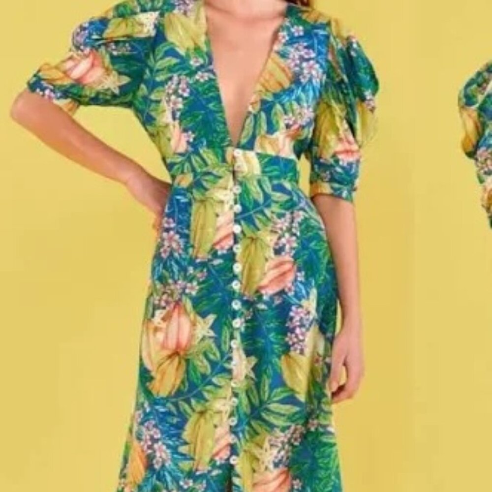 Anthropologie Farm Rio Star Fruits Puff Sleeve Midi Dress - Picture 2 of 4